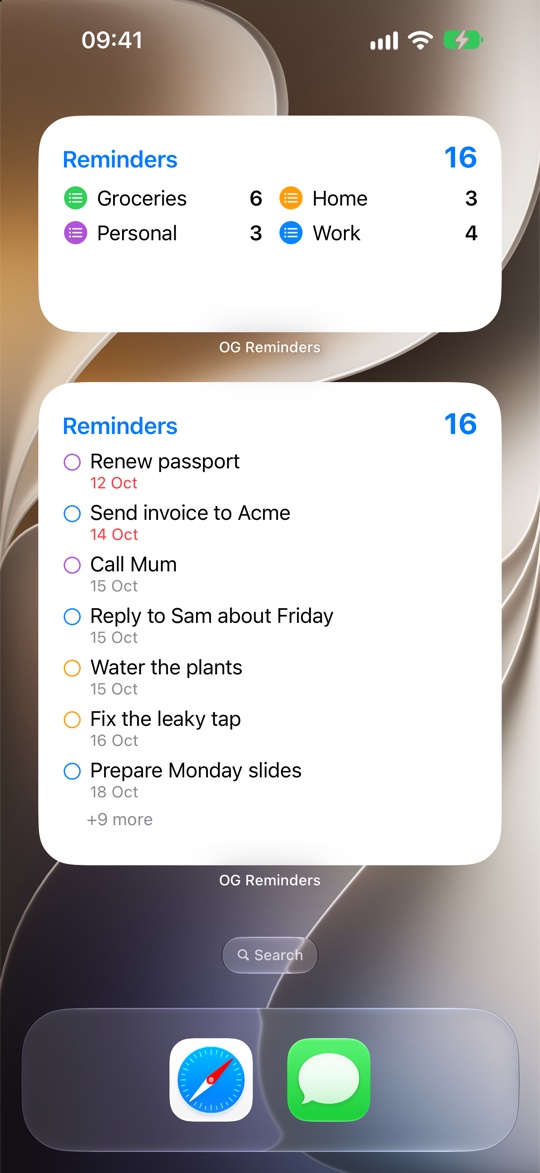An iPhone Home Screen with two widgets: a to-do count for each list, and a list of to-dos with due dates, overdue ones in red.