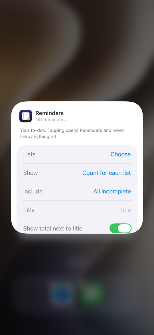 The widget's settings: lists, what to show, which to-dos to include, a title, and whether to show the total.