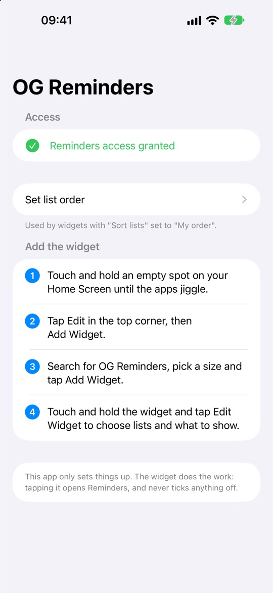 The OG Reminders app: Reminders access, setting the list order, and steps for adding the widget.