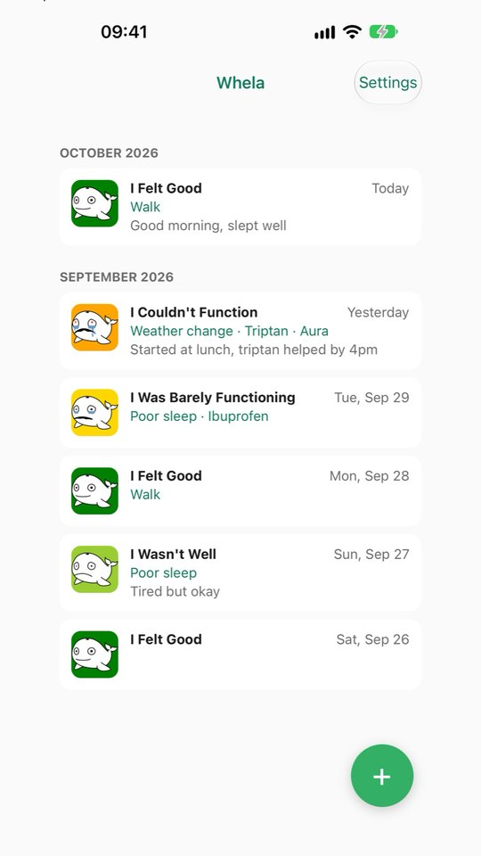 The Whela home screen: a list of days, each with a pain-level face, tags and a short note.