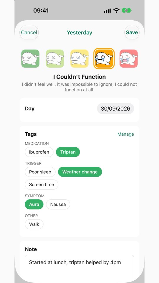Logging a day in Whela: five pain faces, tags for medication, triggers and symptoms, and a note.