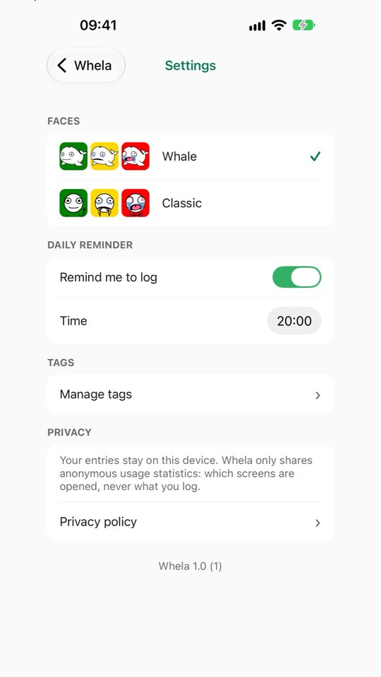 Whela settings: face set, daily reminder time, tags and a privacy summary.