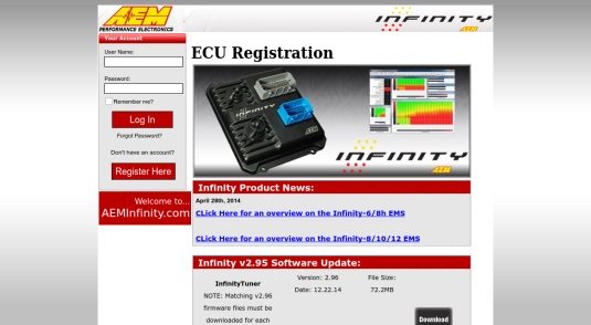 The AEM Infinity site with the dealer login, ECU registration and firmware update news.