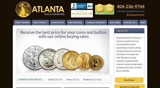 The Atlanta Gold & Coin homepage, with current spot prices for gold, silver and platinum.