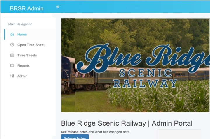 The Blue Ridge Scenic Railway admin portal, with navigation for time sheets, reports and admin.