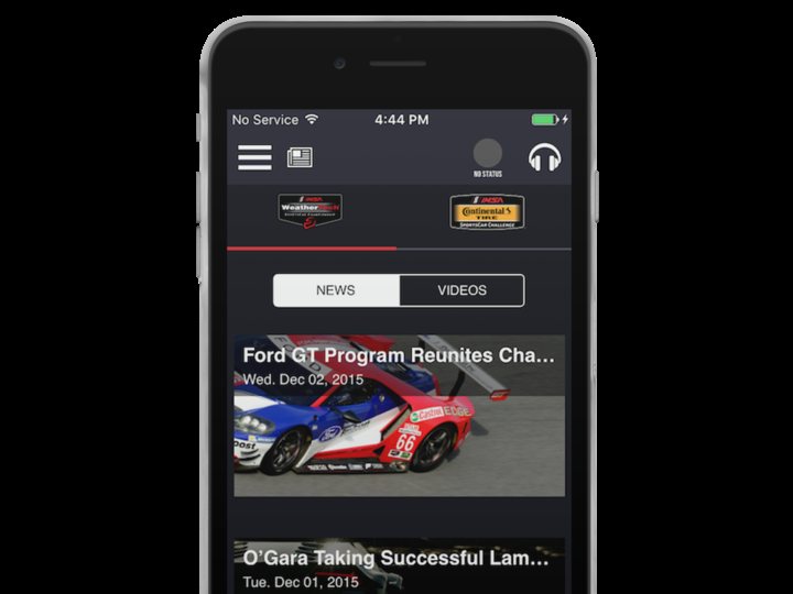 The IMSA app on an iPhone, showing racing news with a video tab and a countdown to the next event.