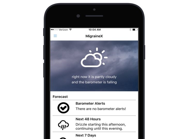 MigraineX on an iPhone, showing the current weather, a falling barometer and the barometer alerts list.